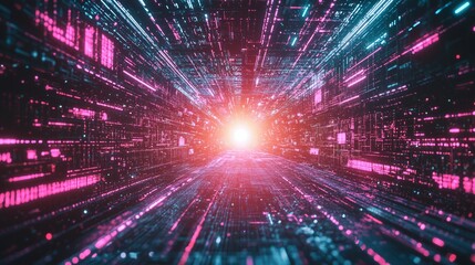 Fototapeta premium Futuristic neon grid landscape with glowing sun and retro synthwave aesthetic in a vibrant digital environment Background