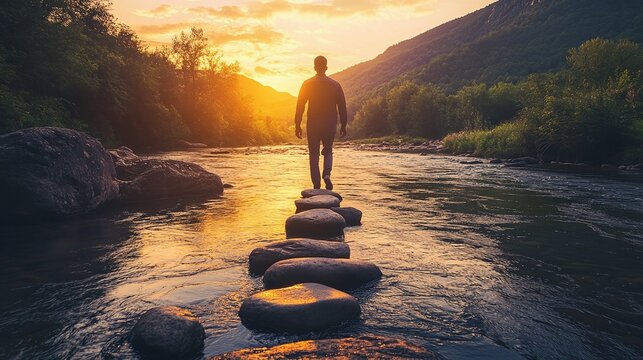 Man carefully crossing a river by walking on stones at sunset, embodying patience, self discovery and personal growth, searching for a new path