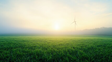 Obraz premium Foggy morning on a farm with a windmill barely visible in the distance, surrounded by lush greenery and soft ambient light,
