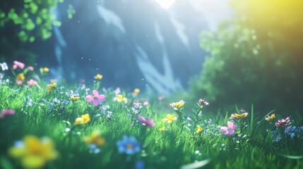 Obraz premium Alpine meadow blooming with vibrant flowers, framed by dramatic peaks and illuminated by bright natural light,