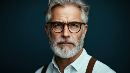 A mature man with a well-groomed gray beard and stylish glasses gazes directly at the viewer, showcasing both sophistication and confidence in a dark setting