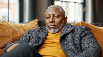 A man with salt-and-pepper hair sits on a comfortable couch, wearing a warm sweater and a coat. He gazes pensively out a window, surrounded by plush cushions and soft light
