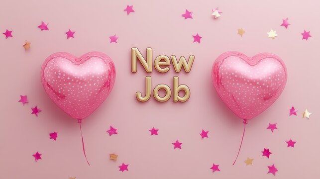 Golden letters spelling out "New Job," surrounded by confetti and light rays, evoke a festive atmosphere