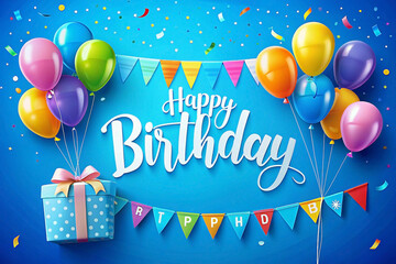 Festive birthday celebration with balloons, gift, and confetti.