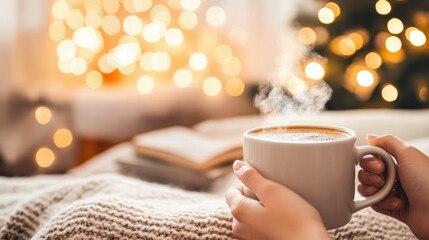 Obraz premium Hands holding a steaming coffee mug in a cozy living room, soft light and warm blankets in the background