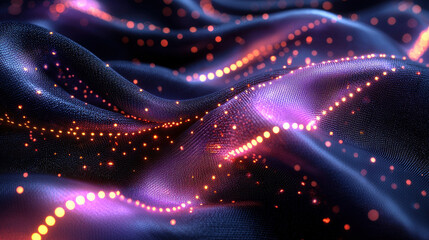 Exploration of a sci-fi textile with living skin properties featuring neural cyber-fibers and glowing electronic strands in a surreal setting