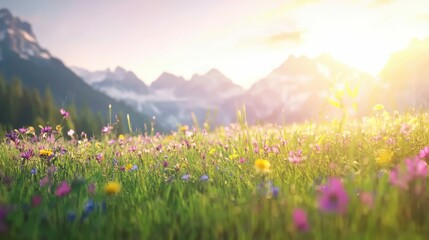 Obraz premium Vibrant wildflower meadow in alpine landscape at sunrise
