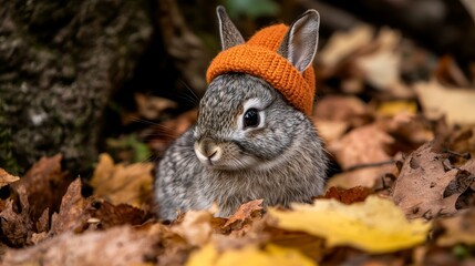 Obraz premium A photo of a cute grey rabbit in an October autumn forest, featuring an orange Halloween hat and a background of orange leaves