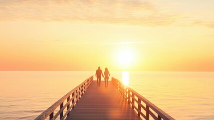 Fototapeta premium A silhouette of a couple walking along a pier with the sun setting on the horizon, calm water and warm tones,