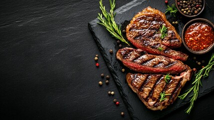 Grilled Steaks Are Served With Herbs and Pepper on Slate