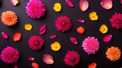 Fototapeta premium Colorful flower petals and blossoms on black background; floral arrangement; aesthetic display; stock photo