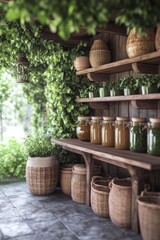 Naklejka premium Rustic pantry with jars, baskets, and lush greenery.
