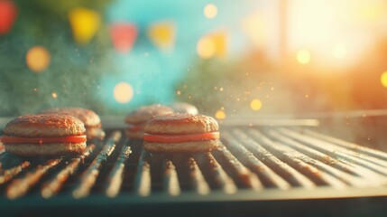 An abstract composition of a grill with burgers cooking, with blurred summer decorations and a picnic table in the background