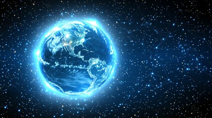 Obraz premium A science, chemistry, and technology research wallpaper concept with an abstract astrology theme, featuring a glowing neon blue cosmic atom