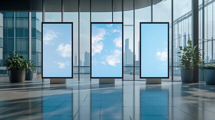 Modern Digital Screens Displaying Sky Cityscape Background Clean Minimalist Design Bright Blue Sky Clouds Corporate Office Lobby Interior Advertising 