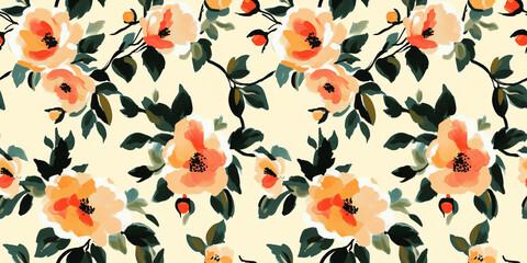 Summer floral seamless pattern. Stylish hand-painted style wallpapers with blooming flowers, buds, leaves. Fashionable botanical background in orange, green and beige tones. All-over design for decor