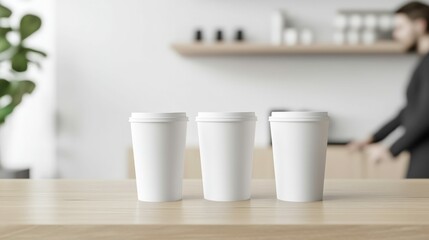 Coffee-to-go scene with disposable cups on a counter, modern urban cafe setting with baristas working