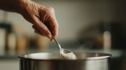 An abstract composition of a grandmother hand holding a spoon, with blurred ingredients and a mixing bowl in the background