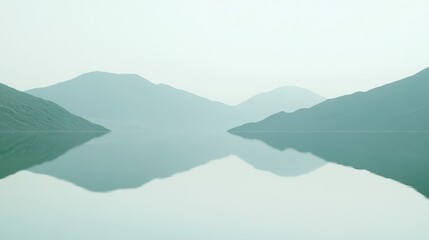 Close-up of a mountain range reflected in a calm lake, serene and minimalist natural composition