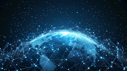 Obraz premium A digital planet with neon technology, featuring glowing light wireframe grid connections, symbolizing global science communication. Ideal for presentation backgrounds