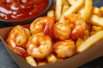 A flavorful seafood dish with crispy fried shrimp and fries