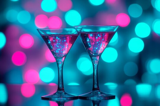 Two drinks at a social night event with a hazy backdrop