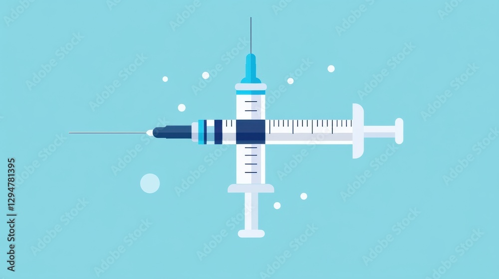 Poster syringes displayed against a light blue background with decorative elements highlighting medical too