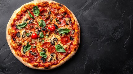 A Delicious Pizza Is Displayed on a Dark Stone Background