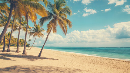 Obraz premium Tropical beach with swaying palm trees, soft white sand, and crystal-clear turquoise waters under a bright blue sky, ideal for summer vacations, exotic getaways, and relaxation