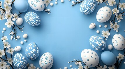 Easter decoration featuring blue and white eggs with floral accents. Generative AI