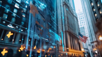 Digital Stock Market Data Display Cityscape Financial Technology Abstract Blue Orange Glowing Urban Background Modern Business Finance Investment     