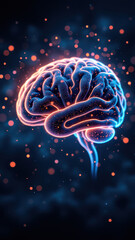 Fototapeta premium A digital illustration of a human brain in blue with orange particles floating around, representing artificial general intelligence (AGI).