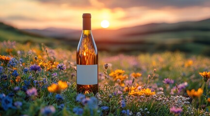 Wine bottle in wildflowers at sunset (1)