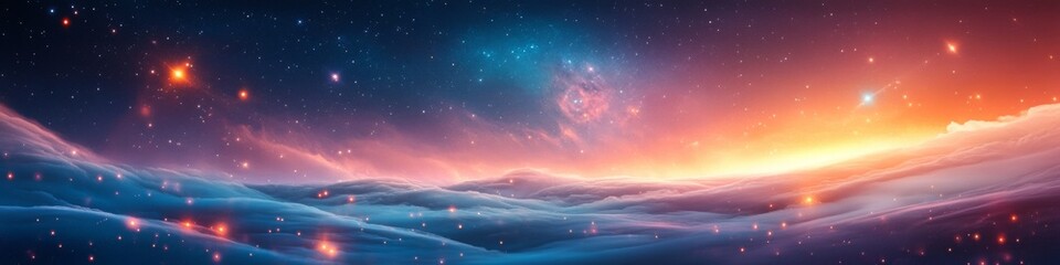 Fototapeta premium Cosmic landscape: Vibrant nebulae illuminate a dreamy, ethereal cloudscape.