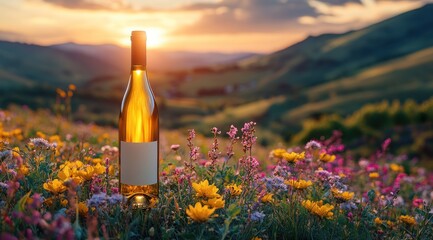 Wine bottle in wildflowers at sunset