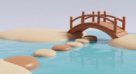 Peaceful 3D Wooden Bridge Over Tranquil Water with Stepping Stones