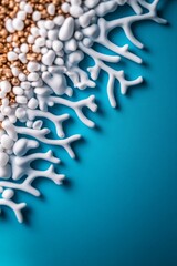 White coral and pebbles on a blue background. Abstract art.