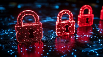 A neon red glowing digital lock symbol on a wireframe grid circuit board background, symbolizing AI, artificial intelligence, and futuristic technology focused on security, computer data privacy, and