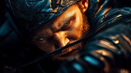 Focused archer with intense gaze, aiming with precision.