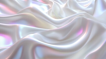 Obraz premium A futuristic banner featuring abstract white silk waves, set against a y2k-inspired background with a holographic soft chrome effect in blue and pink. The pearlescent metal surface creates a retro