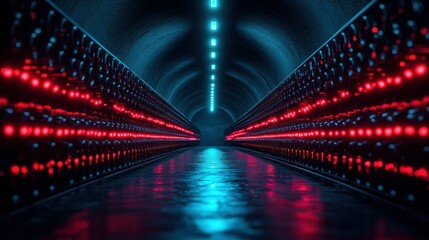 Futuristic tunnel illuminated with red and blue lights