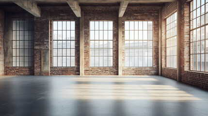 Spacious Industrial Loft with Rustic Brick Walls and Large Windows &ndash; Minimalist Open Space with Modern Design, Soft Natural Light, and Room for Text Placement