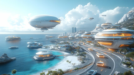 Fototapeta premium Futuristic coastal city with airships