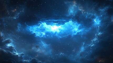 Fototapeta premium A neon blue, three-dimensional alien UFO illuminates the night sky filled with stars in a cosmic galaxy. This horizontal background captures a futuristic, magical outdoor scene