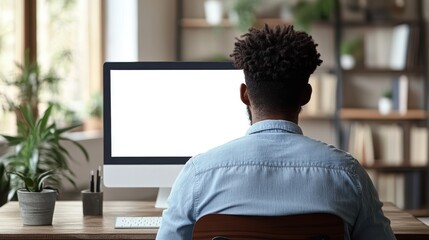 A man with an afro sits at a desk, facing a computer screen in a bright, plant-filled office space