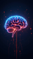 Naklejka premium An artistic representation of artificial general intelligence, showcasing a human-like brain with a glowing interface, set against a cybernetic backdrop.