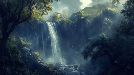 Obraz premium Lush jungle waterfall cascading down rocky cliff face.