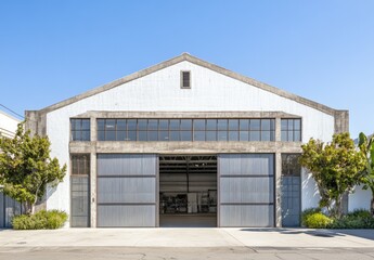 Obraz premium Open warehouse doors, sunny day, industrial building, urban setting, real estate