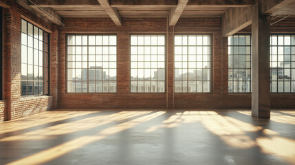 Spacious Industrial Loft with Rustic Brick Walls and Large Windows &ndash; Minimalist Open Space with Modern Design, Soft Natural Light, and Room for Text Placement