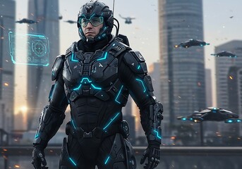 Man Wearing Futuristic Suit Standing in Cityscape with Flying Vehicles